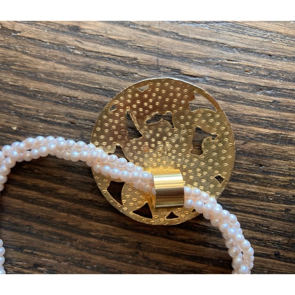 Vintage Cloisonné Pendant on Twisted Faux Pearl Necklace Pale Pink Floral - Picture 6 of 14